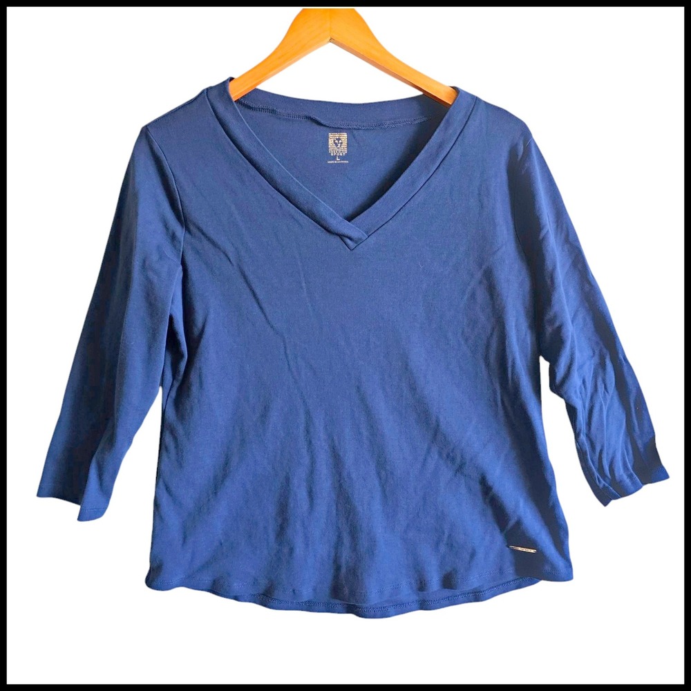 Anne Klein Sport Top V-Neck 3/4 Sleeve Knit Shirt Casual Comfy Blue L